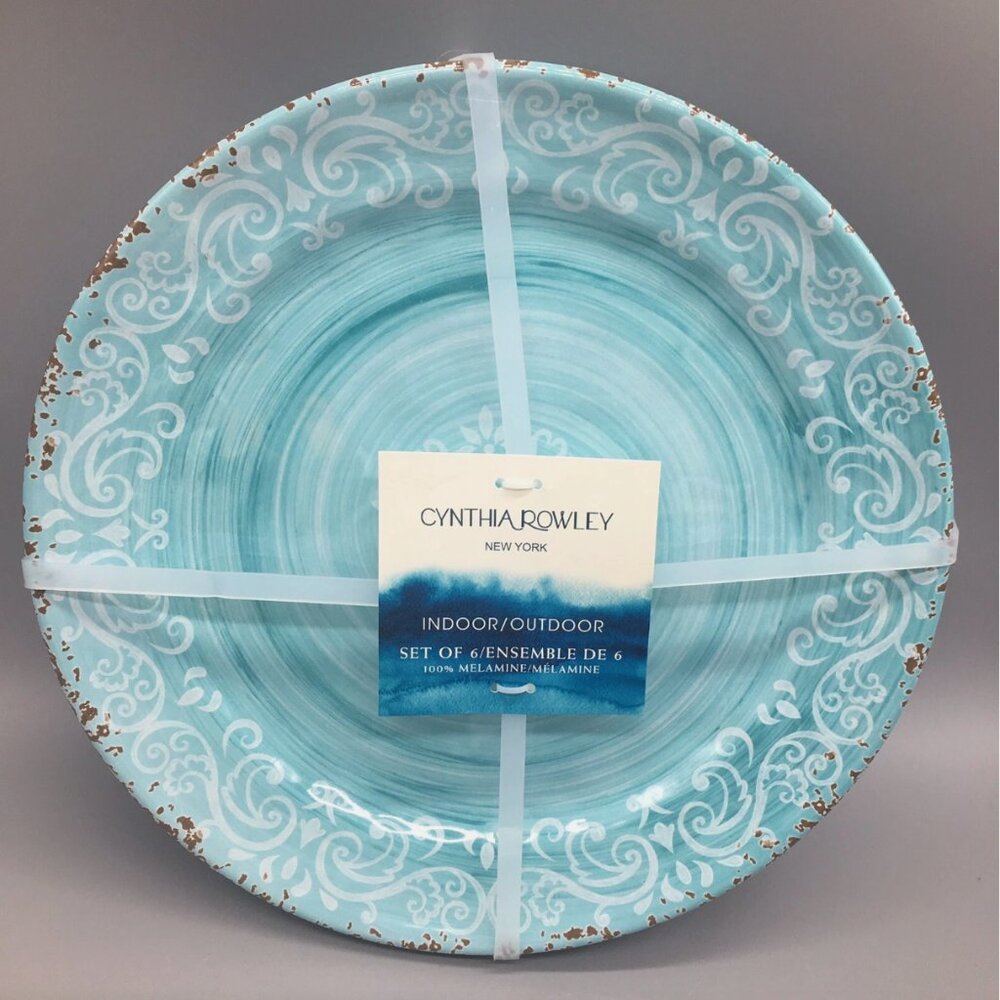 x6 Cynthia Rowley MELAMINE Dinner Plate Set Teal Blue Medallion Rustic Tuscany